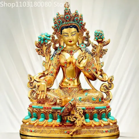 Copper Gilt Inlay Green Tara Statue Tibetan White Tara Goddess of Longevity Sculpture, 45cm, 32cm, 21cm