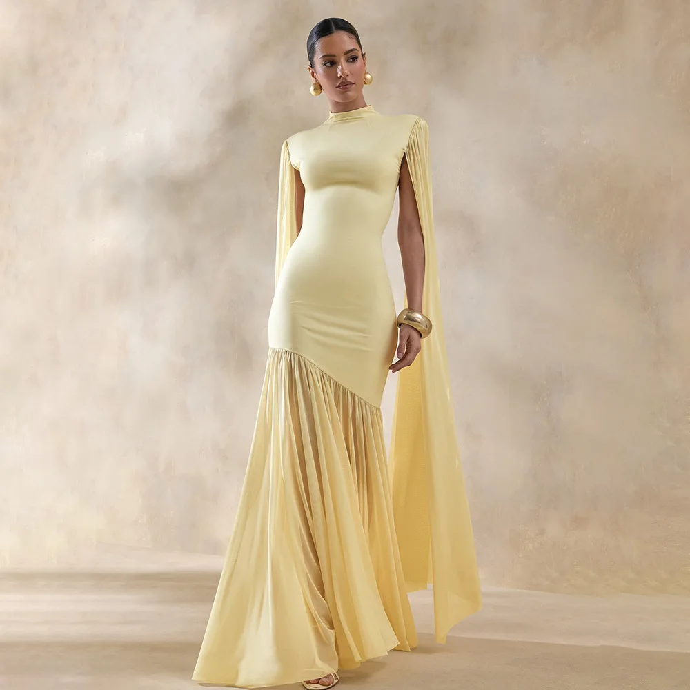 Elegant Cape Sleeve Women Maxi Dress High Neck Slim Evening Gown with Flowing Chiffon Bottom Formal Party Wedding Guest Outfit
Elegant Cape Sleeve Women Maxi Dress High Neck Slim Evening Gown with Flowing Chiffon Bottom Formal Party Wedding Guest Outfit
