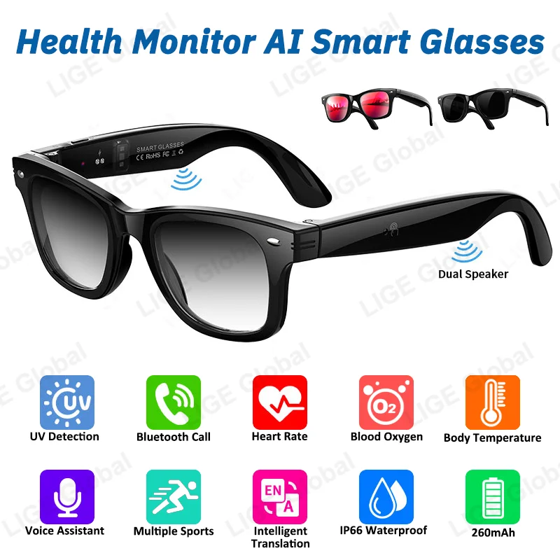 LIGE Монитор здоровья Смарт-очки Сердечный ритм Кислород в крови Спортивные солнцезащитные очки Голосовой помощник AI Перевод Bluetooth Очки для звонков
LIGE Монитор здоровья Смарт-очки Сердечный ритм Кислород в крови Спортивные солнцезащитные очки Голосовой помощник AI Перевод Bluetooth Очки для звонков