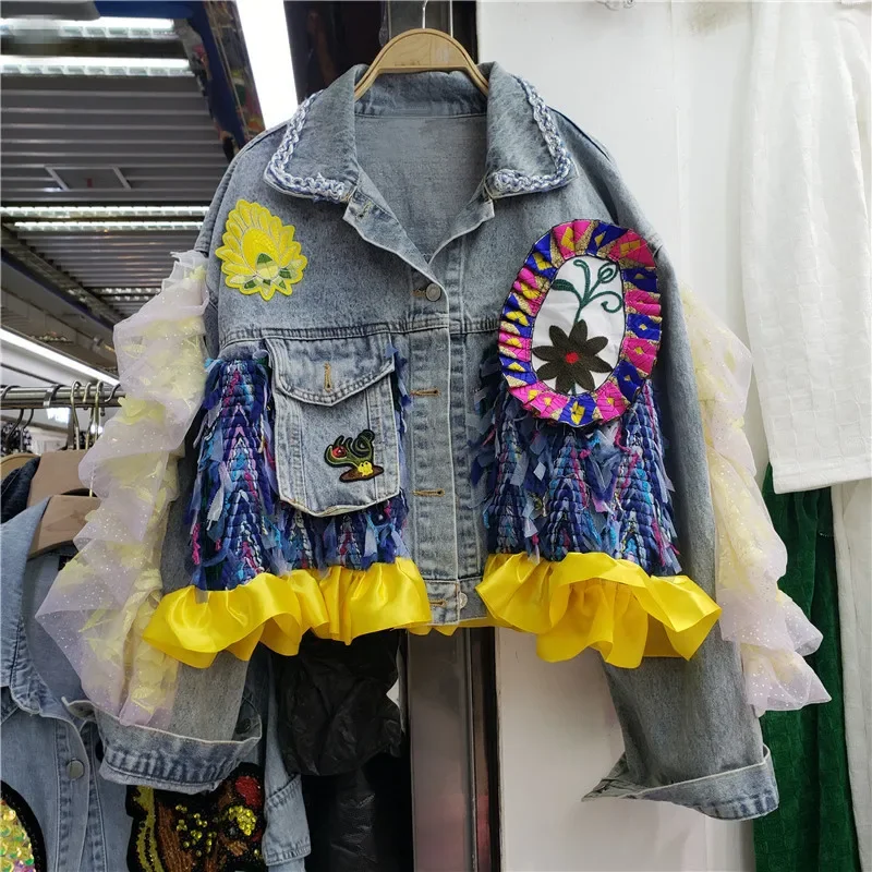 Fashion Fringe Net Yarn Patchwork Jeans Jackets Women Spring Vintage Embroidery Loose Short Denim Coat Outwear Female Streetwear
Fashion Fringe Net Yarn Patchwork Jeans Jackets Women Spring Vintage Embroidery Loose Short Denim Coat Outwear Female Streetwear