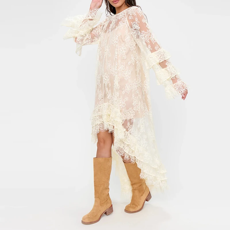 Elegant Long Sleeve Women's Perspective Cover-up Temperament O-neck Ruffles Beach Dress Fashion Lace Embroidery Irregular Dress
Elegant Long Sleeve Women's Perspective Cover-up Temperament O-neck Ruffles Beach Dress Fashion Lace Embroidery Irregular Dress