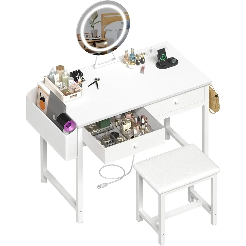 Makeup Vanity Desk with Mirror and Lights - Small White Vanity Table with Fabric Drawers & Chair, Power Outlet, Modern Make Up
Makeup Vanity Desk with Mirror and Lights - Small White Vanity Table with Fabric Drawers & Chair, Power Outlet, Modern Make Up