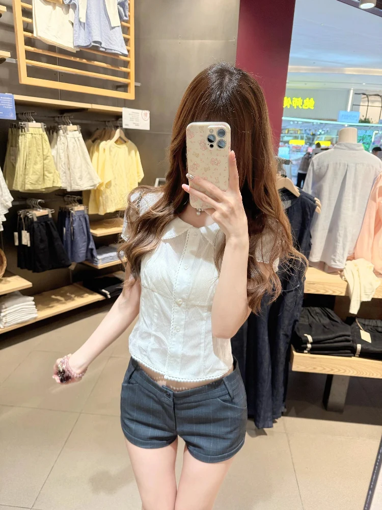 White Doll Collar Slim Fit ort Sve irt Women's Design Sensation Waist Cinched Summer Top Button Detail Pure Color
White Doll Collar Slim Fit ort Sve irt Women's Design Sensation Waist Cinched Summer Top Button Detail Pure Color