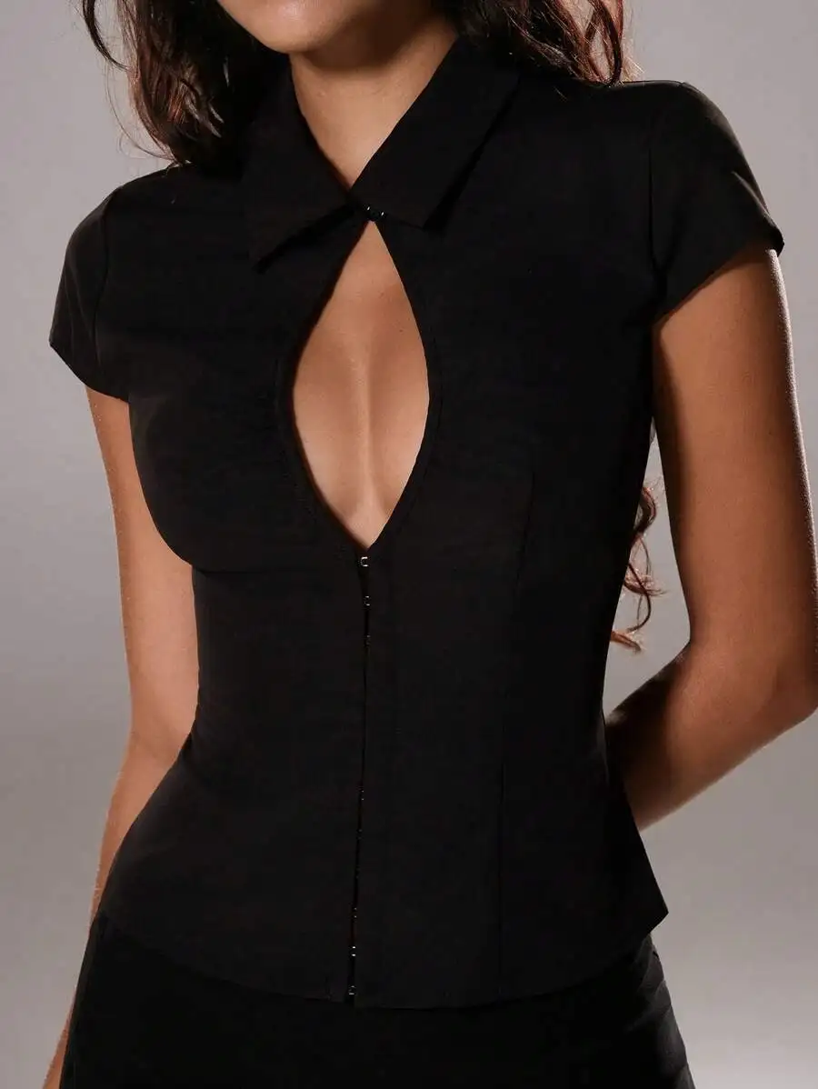 Women Elegant Cutout Teardrop Collar Button Up Blouse Short Sleeve Office Party Top
Women Elegant Cutout Teardrop Collar Button Up Blouse Short Sleeve Office Party Top