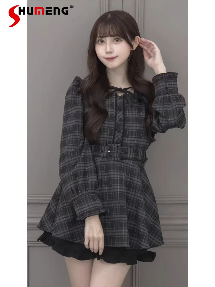 Japanese Elegant Temperament Choker Hollow Lace-up Bow Long Sleeve Belt Slim Plaid Dress High Waist Skirts Two-piece Sets Women
Japanese Elegant Temperament Choker Hollow Lace-up Bow Long Sleeve Belt Slim Plaid Dress High Waist Skirts Two-piece Sets Women