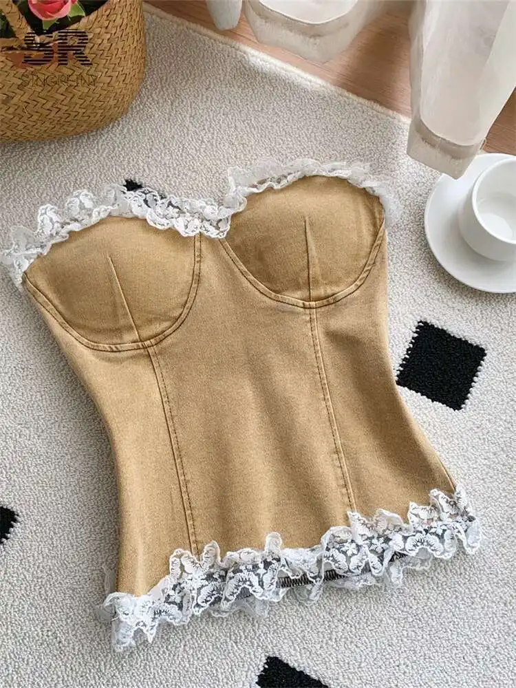 BabYoung Strapless Lace Splice Denim Tops Backless Slim Fit Side Zipper American Retro Women Summer Fashion Streetwear Sexy Top
BabYoung Strapless Lace Splice Denim Tops Backless Slim Fit Side Zipper American Retro Women Summer Fashion Streetwear Sexy Top