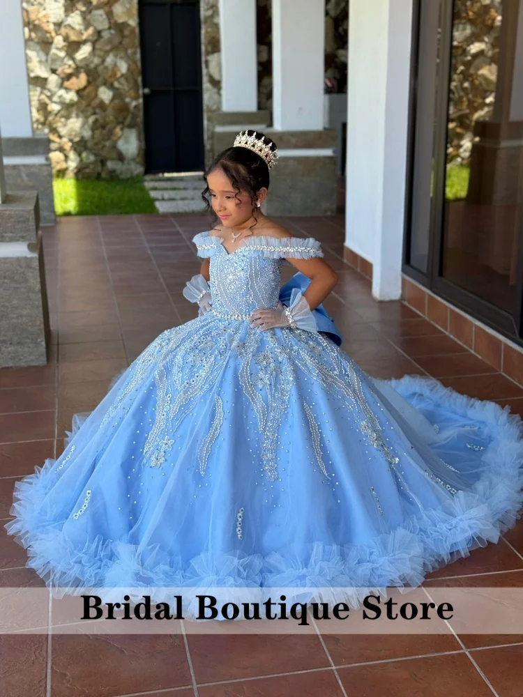 Customized Sky Blue Flower Girl Dress Bow for Wedding Applique Beading Tulle Luxury Puffy Kids Birthday Party Gown Ball Gown
Customized Sky Blue Flower Girl Dress Bow for Wedding Applique Beading Tulle Luxury Puffy Kids Birthday Party Gown Ball Gown