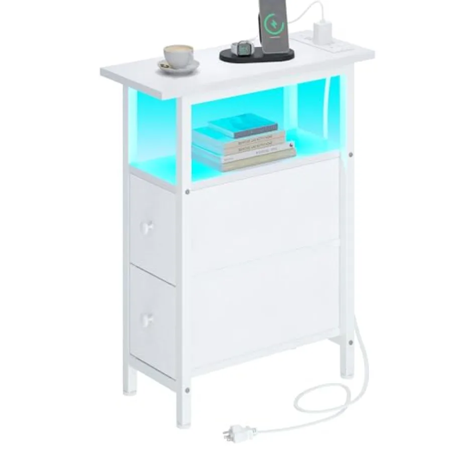 End Table with Charging Station, Narrow Side Table with 2 Fabric Drawers, Skinny Nightstand with LED Light, Slim Bedside Table
End Table with Charging Station, Narrow Side Table with 2 Fabric Drawers, Skinny Nightstand with LED Light, Slim Bedside Table