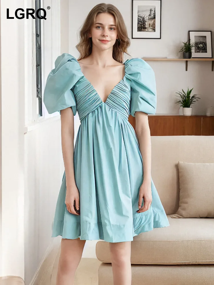 LGRQ Women's Dress Puff Sleeve Fashion Pleated Waist Cinching Solid Color Evening Party Slim Dresses 2024 Autumn New Clothing
LGRQ Women's Dress Puff Sleeve Fashion Pleated Waist Cinching Solid Color Evening Party Slim Dresses 2024 Autumn New Clothing