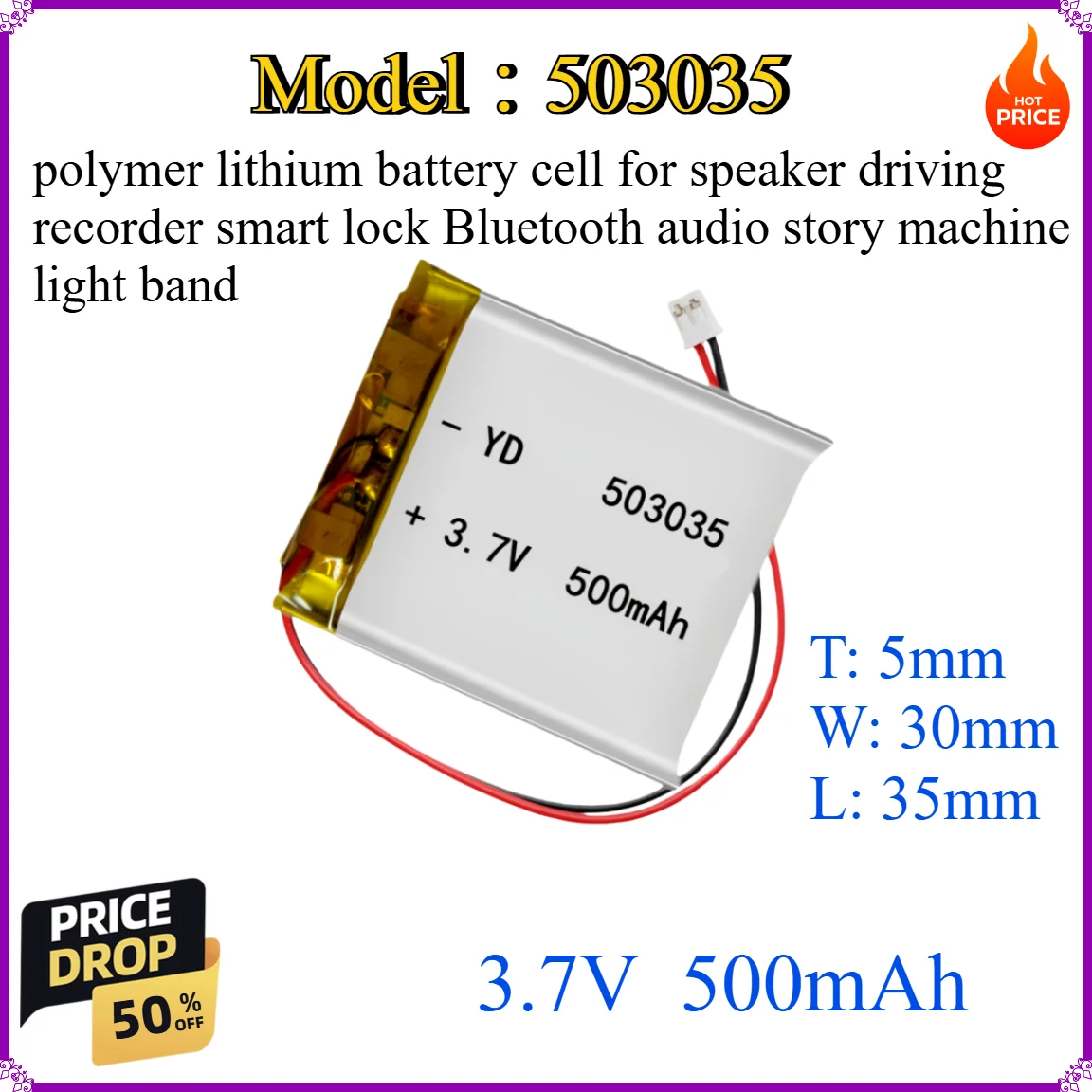 503035 500mAh 3.7V polymer lithium battery cell for speaker driving recorder smart lock Bluetooth audio story machine light band
503035 500mAh 3.7V polymer lithium battery cell for speaker driving recorder smart lock Bluetooth audio story machine light band