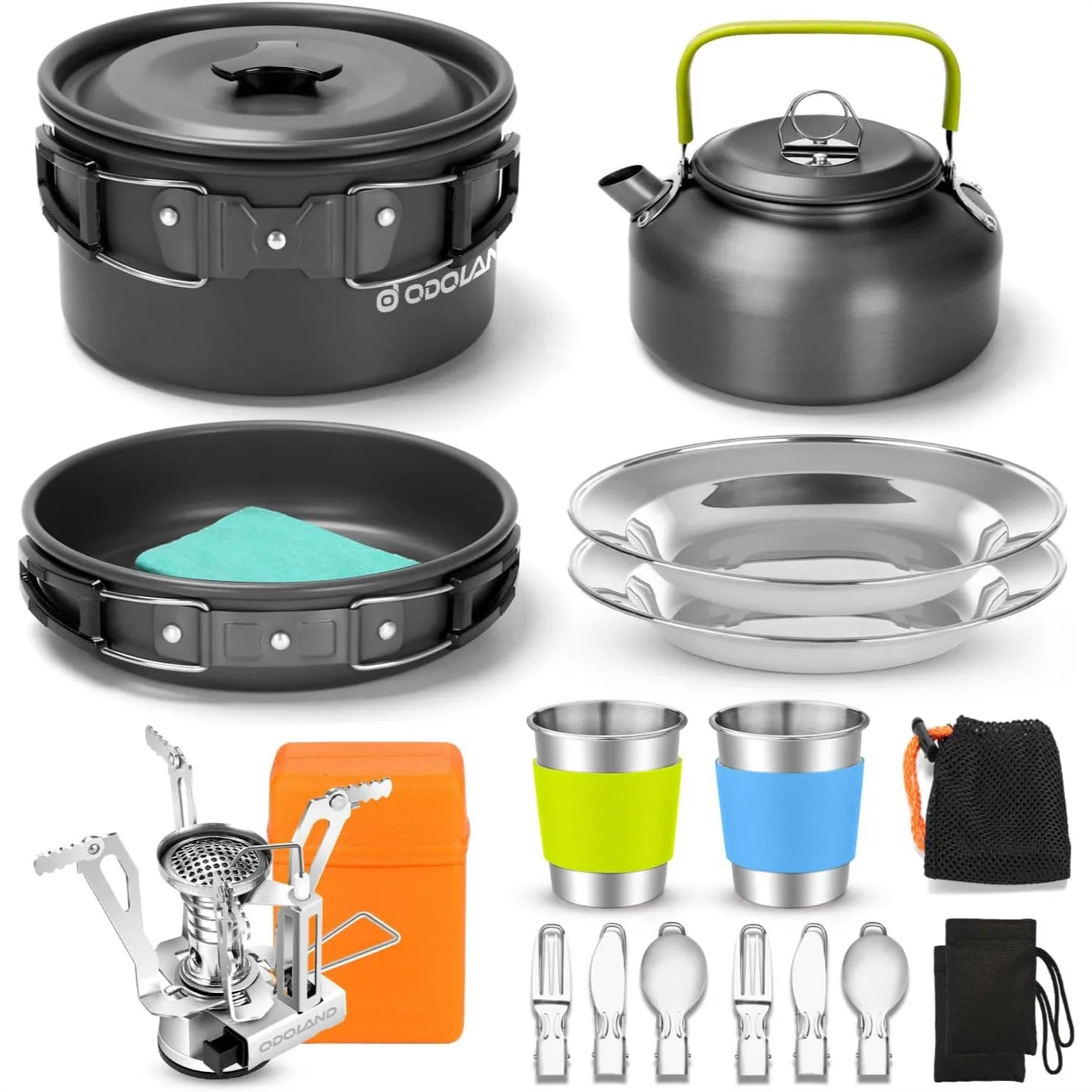 16pcs Camping Cookware Set with Folding Stove, Non-Stick Lightweight Pot Pan Kettle, Stainless Steel Cutlery for Backpacking
16pcs Camping Cookware Set with Folding Stove, Non-Stick Lightweight Pot Pan Kettle, Stainless Steel Cutlery for Backpacking
