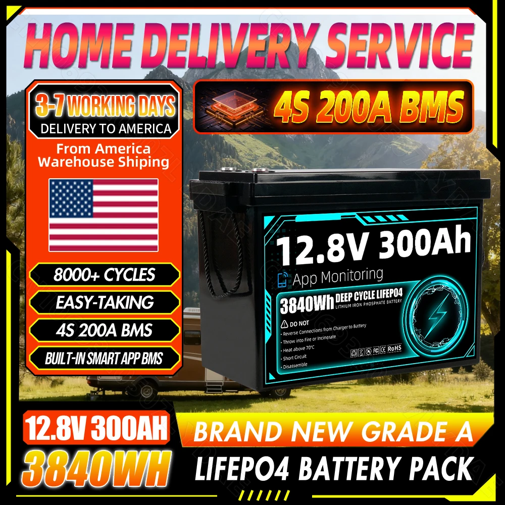 APP Control 12v 300ah lifepo4 battery pack 8000+cycles 3840wh High Capacity with 200A BMS cells for RV Camping Boats Golf Cart Household Battery
APP Control 12v 300ah lifepo4 battery pack 8000+cycles 3840wh High Capacity with 200A BMS cells for RV Camping Boats Golf Cart Household Battery