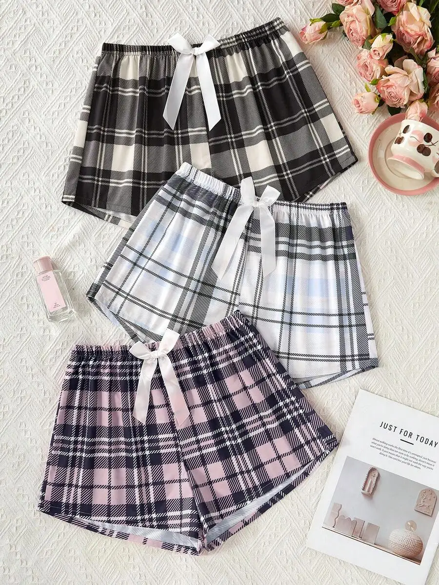 Womens Woven Plaid Sleep Shorts With Bow Tie Waist
Womens Woven Plaid Sleep Shorts With Bow Tie Waist