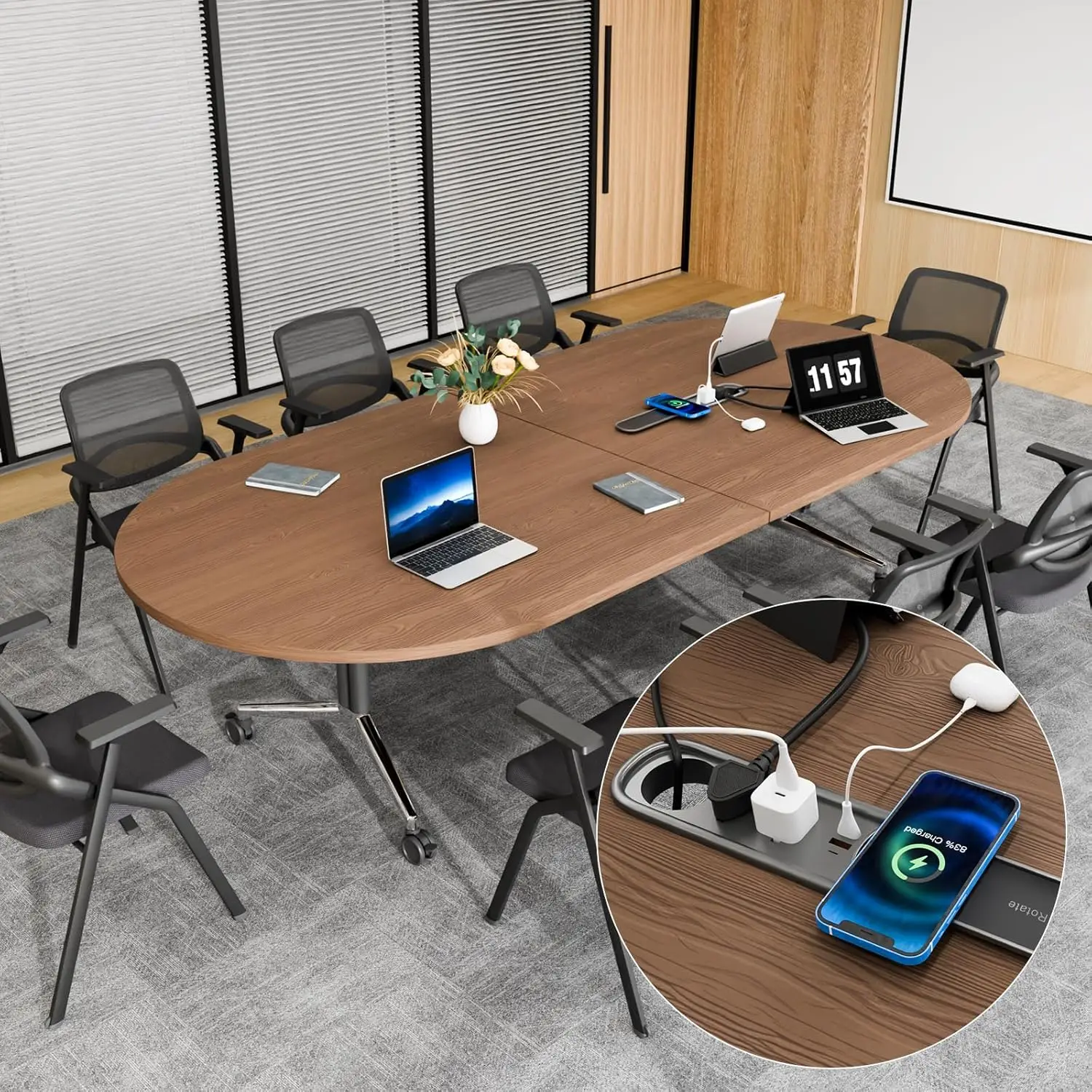 8FT Folding Conference Table for 6-8 People,Mobile Conference Room Table with Power Outlet,Large Oval Walnut Meeting, Custom
8FT Folding Conference Table for 6-8 People,Mobile Conference Room Table with Power Outlet,Large Oval Walnut Meeting, Custom