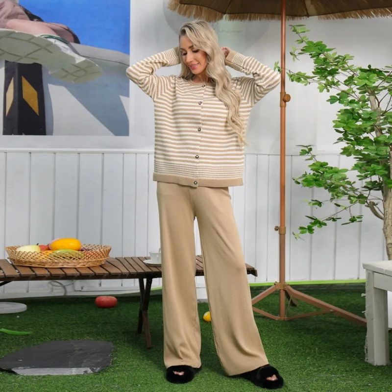 New Autumn Winter Knitted Striped Pant Sets Women O-neck Long Sleeve Single Breasted Cardigan Sweater + Wide Leg Pants 2 Pcs Set
New Autumn Winter Knitted Striped Pant Sets Women O-neck Long Sleeve Single Breasted Cardigan Sweater + Wide Leg Pants 2 Pcs Set