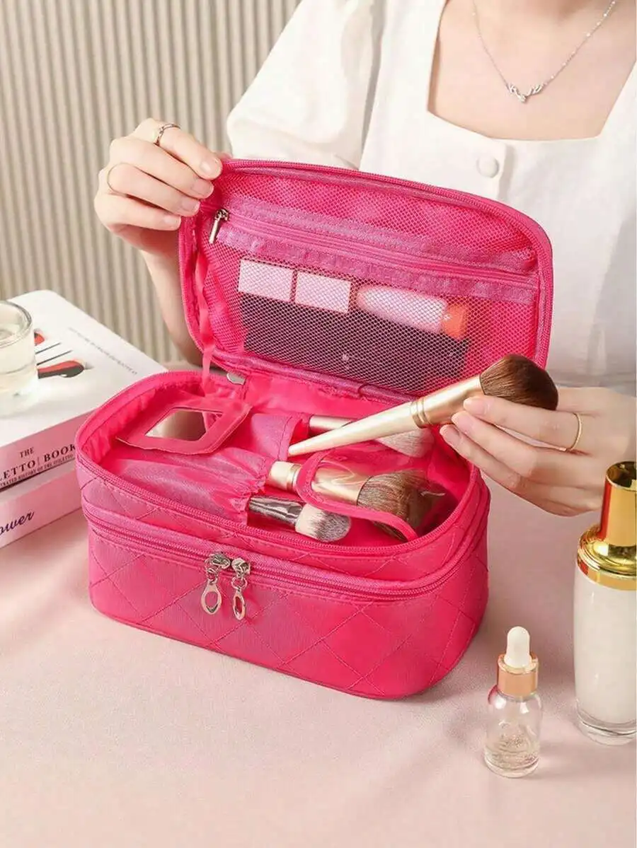 Quilted Pink Makeup Bag With Mirror And Mesh Pockets Travel Cosmetic Organizer
Quilted Pink Makeup Bag With Mirror And Mesh Pockets Travel Cosmetic Organizer
