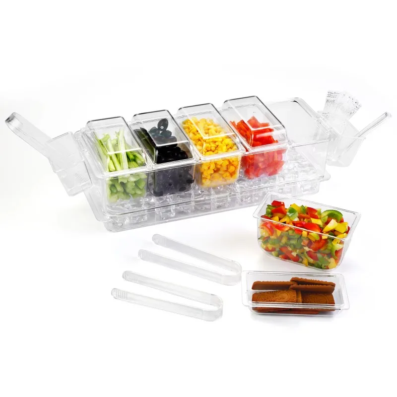 Chilled condiment box with 5 containers, condiment server tray with separate lid, removable plate for bar accessories
Chilled condiment box with 5 containers, condiment server tray with separate lid, removable plate for bar accessories