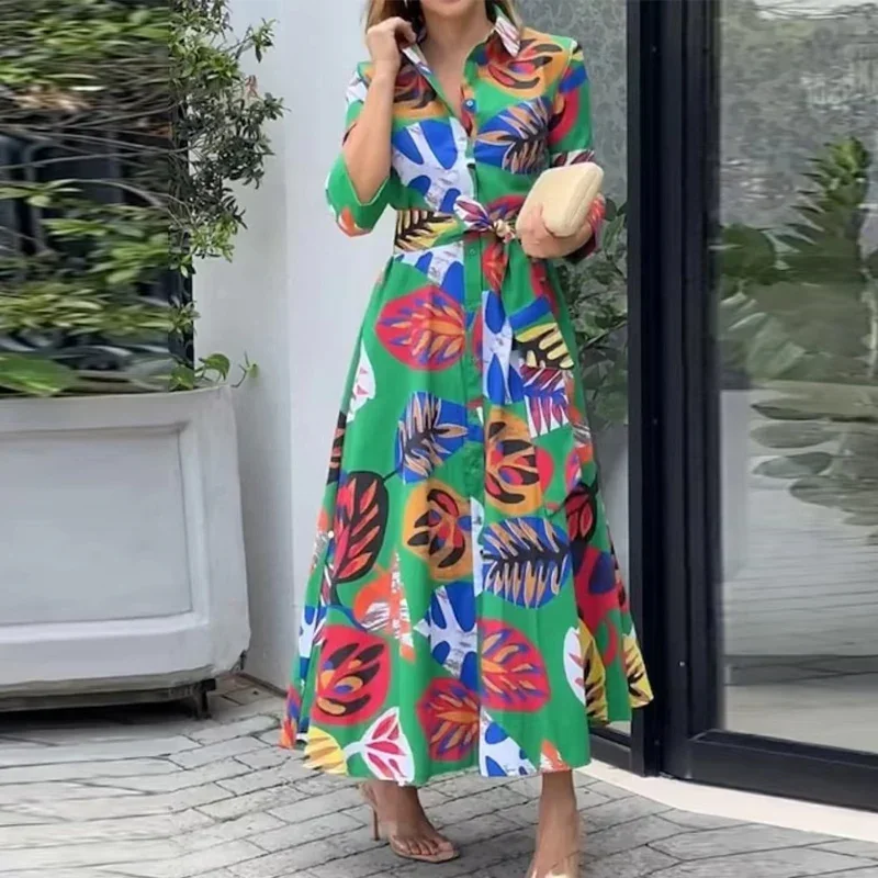 Fall Women Button Lapel Lace-up Long Robe Spring Fashion Leaf Print Shirt Dress Casual Female Elegant Long Sleeve A-Line Dresses
Fall Women Button Lapel Lace-up Long Robe Spring Fashion Leaf Print Shirt Dress Casual Female Elegant Long Sleeve A-Line Dresses