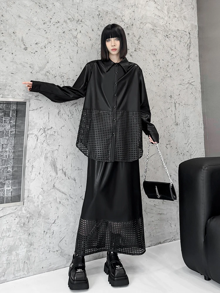 Fashionable Hollow out PU Set Loose Shoulder Padded Shirt Elastic Waist Skirt Dark Style Women's Autumn Winter Ensemble
Fashionable Hollow out PU Set Loose Shoulder Padded Shirt Elastic Waist Skirt Dark Style Women's Autumn Winter Ensemble