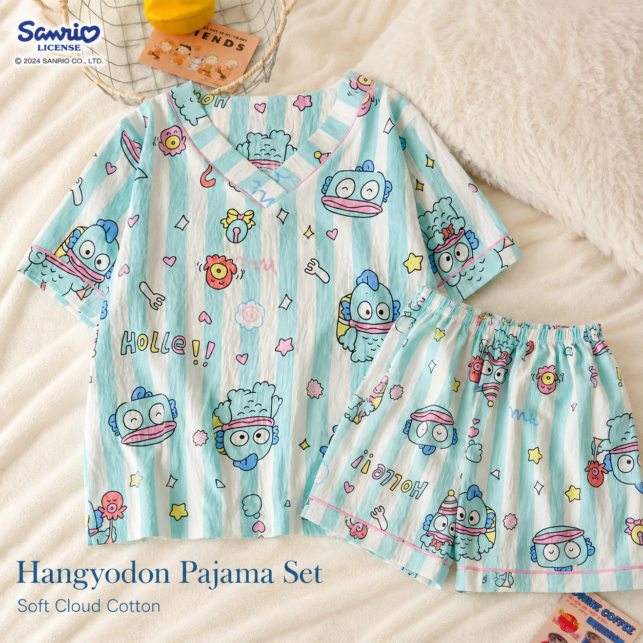Sanrio Women Summer Hangyodon Cartoon Print Pajama Set Cute Fish Sleepwear V-Neck Short Sleeve Sleep Top Skin-Friendly Soft Home
Sanrio Women Summer Hangyodon Cartoon Print Pajama Set Cute Fish Sleepwear V-Neck Short Sleeve Sleep Top Skin-Friendly Soft Home