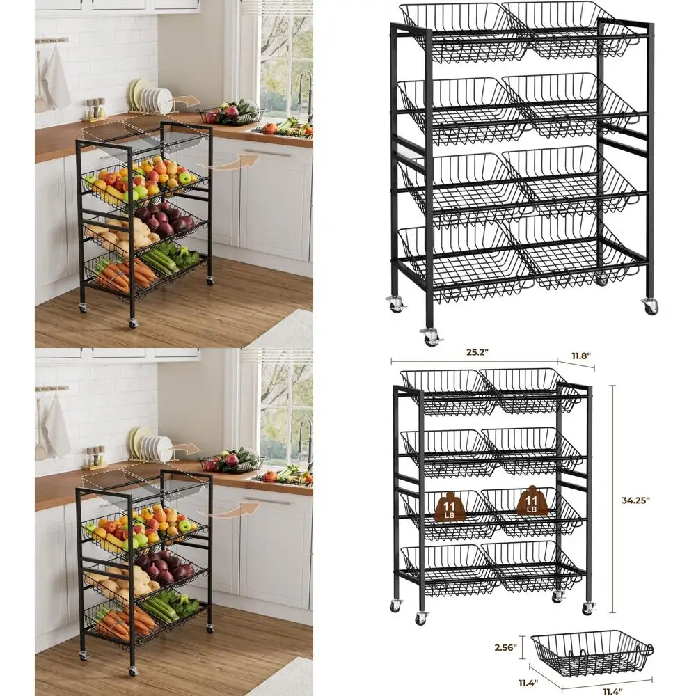 4-уровневая передвижная кухонная тележка с 8 съемными корзинами для фруктов, овощей и продуктов для кладовой, черная
4-уровневая передвижная кухонная тележка с 8 съемными корзинами для фруктов, овощей и продуктов для кладовой, черная