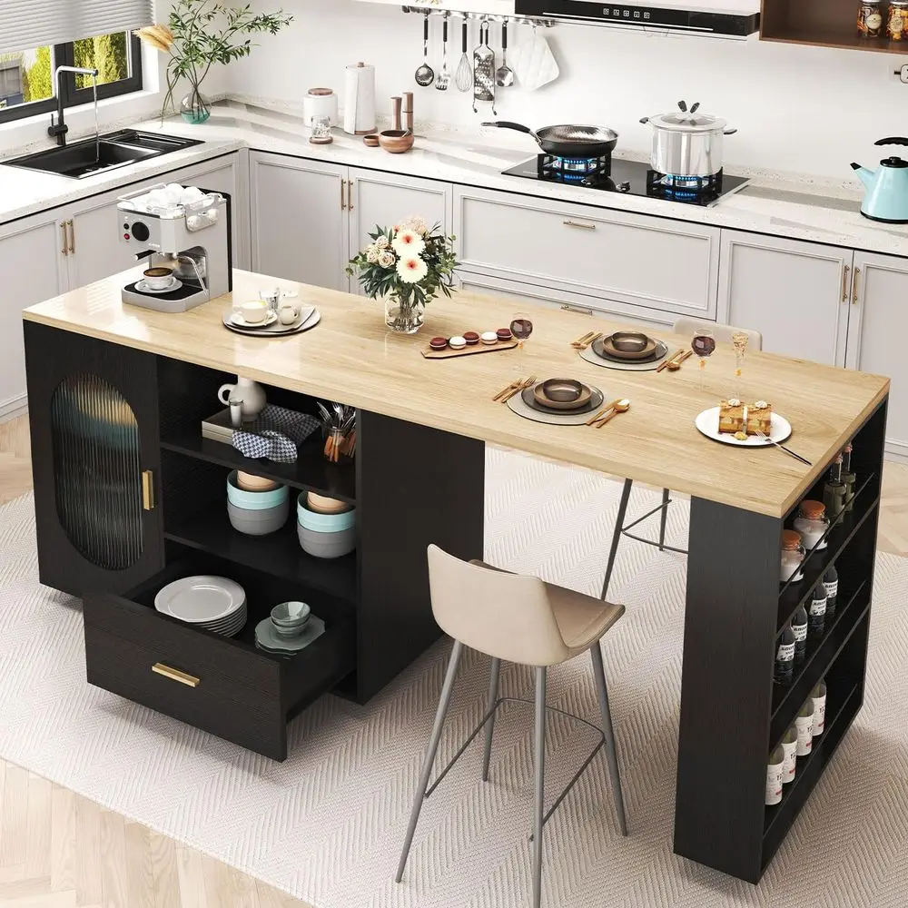 72 Swivel Kitchen Island with Storage, Seating, and Shelves - Mobile Cart for Dining and Home Bar in Black Oak
72 Swivel Kitchen Island with Storage, Seating, and Shelves - Mobile Cart for Dining and Home Bar in Black Oak