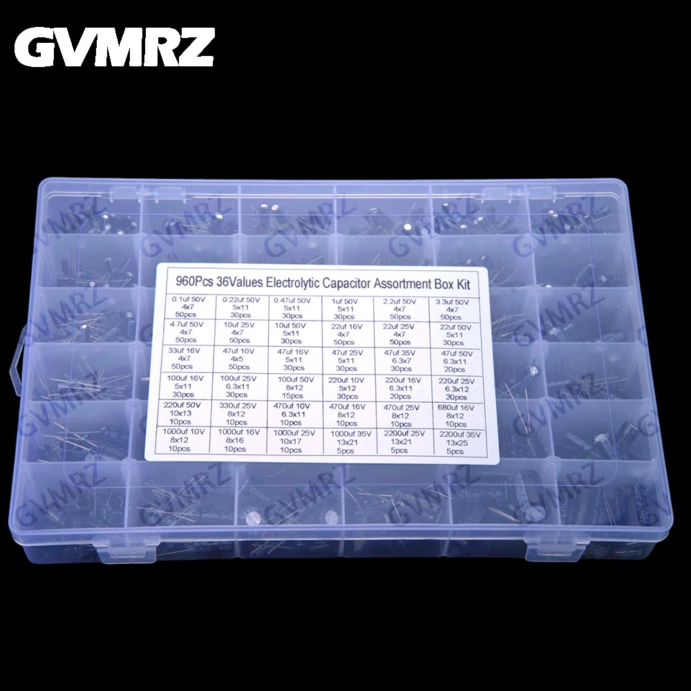 36Value 960PCS 0.1uf-2200uf-1000uf 25V 35V Aluminum Electrolytic Capacitor Assorment box kit
36Value 960PCS 0.1uf-2200uf-1000uf 25V 35V Aluminum Electrolytic Capacitor Assorment box kit