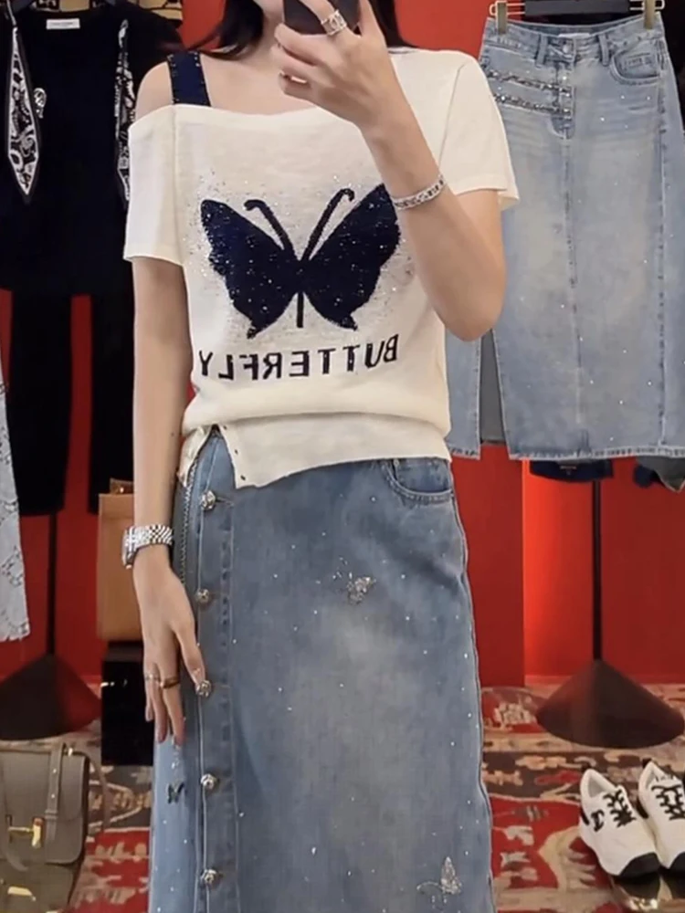 Fashion sloping collar and off shoulder butterfly glitter design short sleeved T-shirt women summer 2025 new style top
Fashion sloping collar and off shoulder butterfly glitter design short sleeved T-shirt women summer 2025 new style top