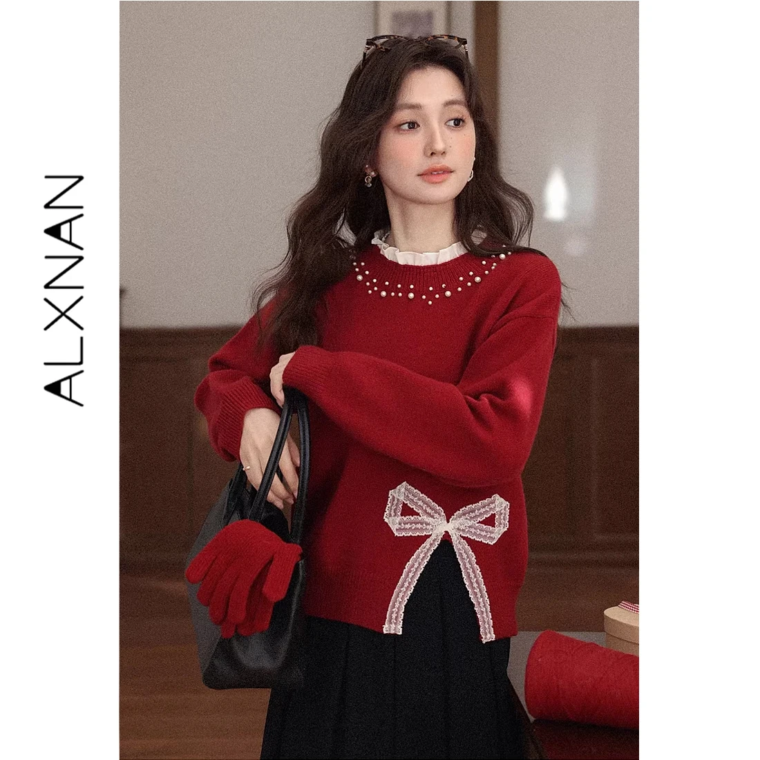 ALXNAN Red Pearl Collar Lace Bow Sweater Soft Vintage Soft Knit Fabric Loose Fit Fall Winter Daily Casual Women Knit Top L59805
ALXNAN Red Pearl Collar Lace Bow Sweater Soft Vintage Soft Knit Fabric Loose Fit Fall Winter Daily Casual Women Knit Top L59805