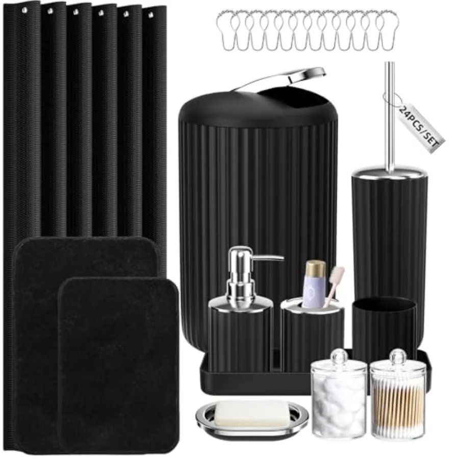 24 PCS Black Bathroom Accessories Set with Shower Curtain and Rugs, Bathroom Sets with Extra Soft and Absorbent Bath Rugs Showe
24 PCS Black Bathroom Accessories Set with Shower Curtain and Rugs, Bathroom Sets with Extra Soft and Absorbent Bath Rugs Showe