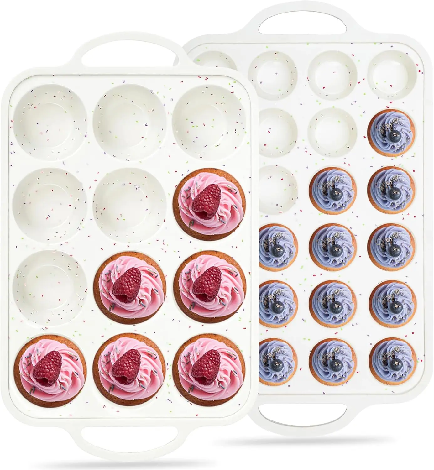 Nonstick Cupcake Pan Set: 12-Cup Regular & 24-Cup Mini Silicone Muffin Pans with Metal Frame, BPA Free, Cream (2 Pcs)
Nonstick Cupcake Pan Set: 12-Cup Regular & 24-Cup Mini Silicone Muffin Pans with Metal Frame, BPA Free, Cream (2 Pcs)
