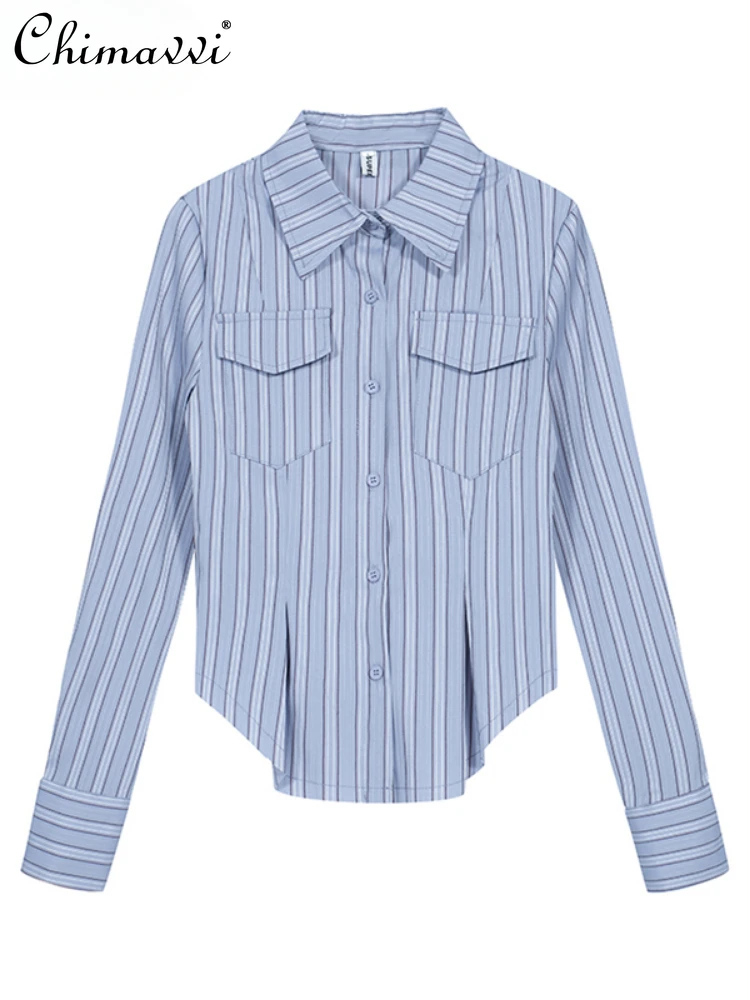 2024 Spring Summer Women Shirt Preppy Style Blue Striped Slim Elastic Single-Breasted Lapel Long Sleeve Short Blouse Tops
2024 Spring Summer Women Shirt Preppy Style Blue Striped Slim Elastic Single-Breasted Lapel Long Sleeve Short Blouse Tops
