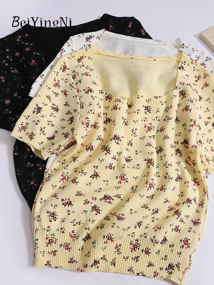 Beiyingni Vintage Summer Short Sleeve Knitted T-shirts Women French Floral Printed Casual T Shirt Female Blue Square Collar Top
Beiyingni Vintage Summer Short Sleeve Knitted T-shirts Women French Floral Printed Casual T Shirt Female Blue Square Collar Top