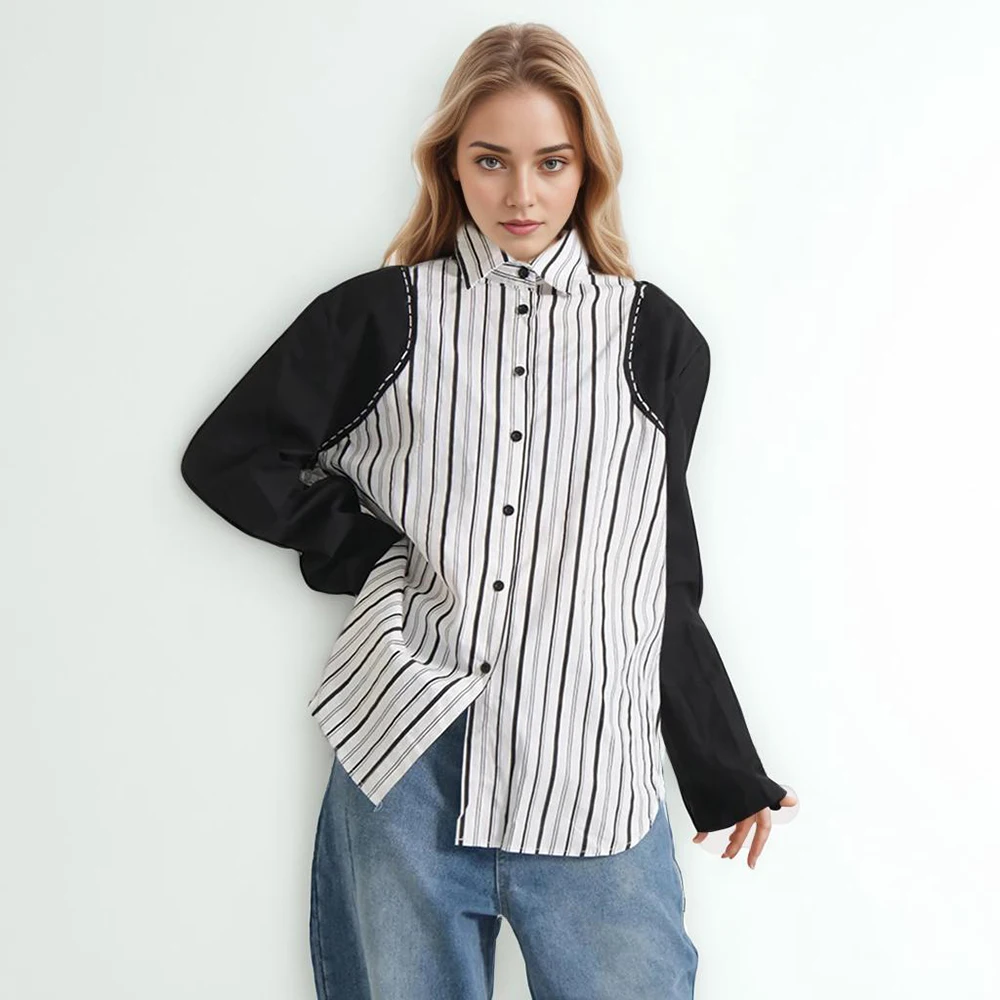 Striped Hit Color Shirts For Women Lapel Long Sleeve Single Breasted Loose Casual Spring Irregular Hem Blouse Female
Striped Hit Color Shirts For Women Lapel Long Sleeve Single Breasted Loose Casual Spring Irregular Hem Blouse Female