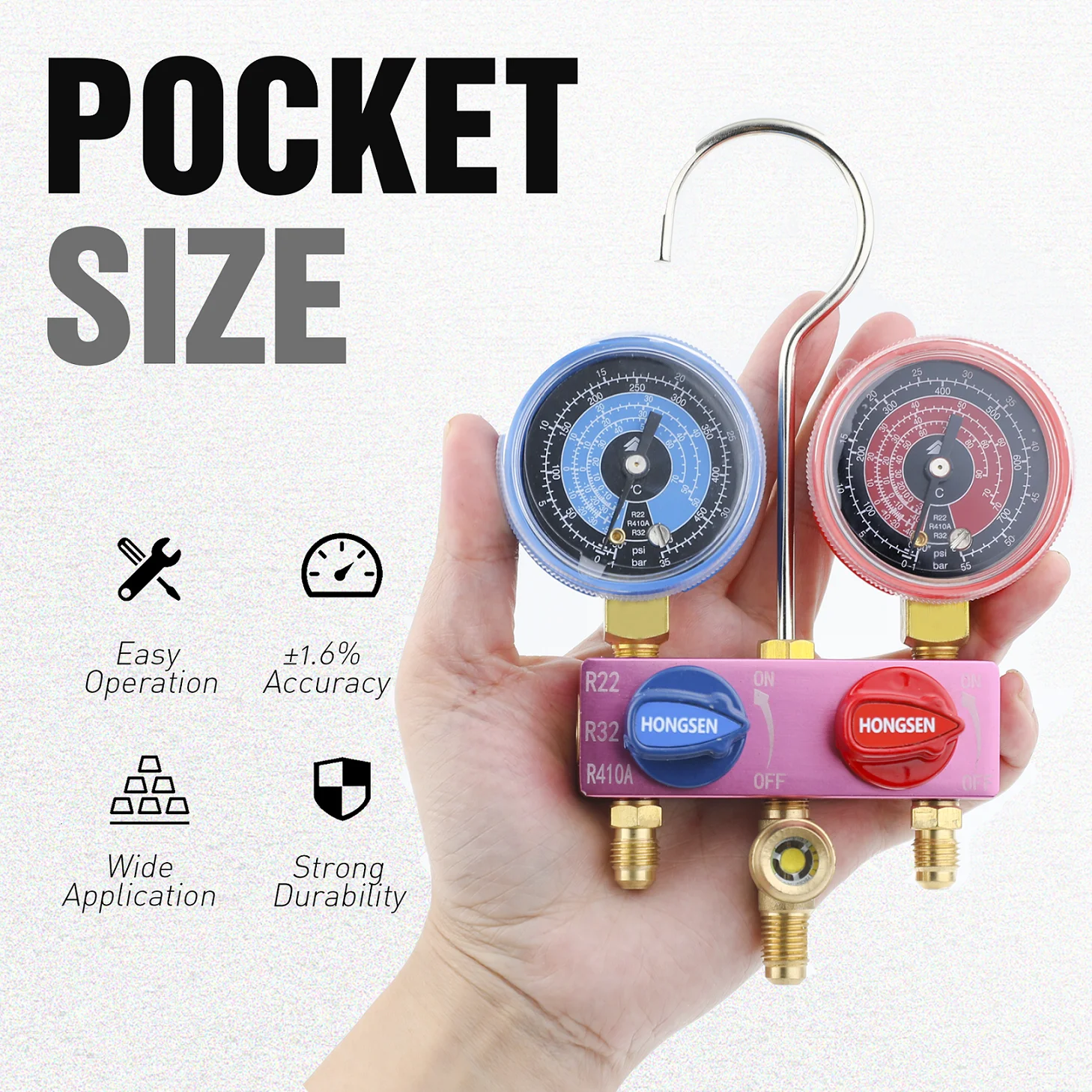 HONGSEN HS-M02 Air Conditioner Manifold Gauge Set Refrigerant Tools for R410A R32 R22 with Hoses Adapter
HONGSEN HS-M02 Air Conditioner Manifold Gauge Set Refrigerant Tools for R410A R32 R22 with Hoses Adapter