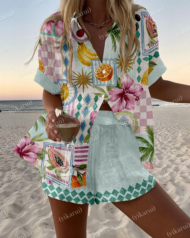 Summer Fashion Casual Printed Cardigan Short-sleeved Top Shorts Two-piece Set Women's Neutral Style Loose Comfortable Shorts Set
Summer Fashion Casual Printed Cardigan Short-sleeved Top Shorts Two-piece Set Women's Neutral Style Loose Comfortable Shorts Set