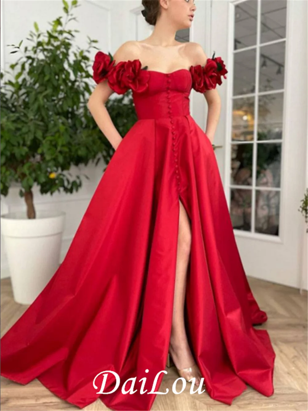 Arabic Evening Dress Red Off the Shoulder 3D Handmade Flowers Prom Gown Buttons Satin Wedding Celebrity Party Dresses
Arabic Evening Dress Red Off the Shoulder 3D Handmade Flowers Prom Gown Buttons Satin Wedding Celebrity Party Dresses