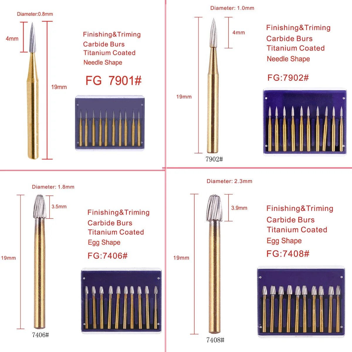 10PCS/1 Box Dental Trimming & Finishing Gold Burs 19mm Carbide Burs 7901/7902/7406/7408 For High Speed Handpiece
10PCS/1 Box Dental Trimming & Finishing Gold Burs 19mm Carbide Burs 7901/7902/7406/7408 For High Speed Handpiece