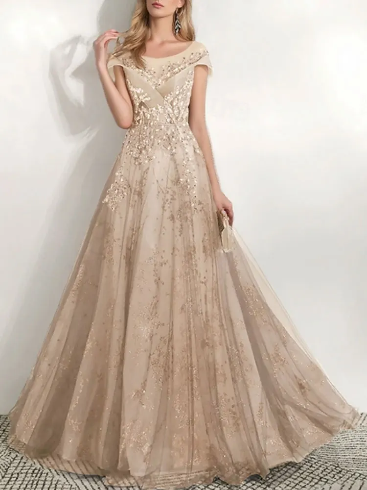Customized A-Line Vintage Prom Dresses Formal Masquerade Floor Length Short Sleeve Off Shoulder Tulle with Glitter Embroidery
Customized A-Line Vintage Prom Dresses Formal Masquerade Floor Length Short Sleeve Off Shoulder Tulle with Glitter Embroidery