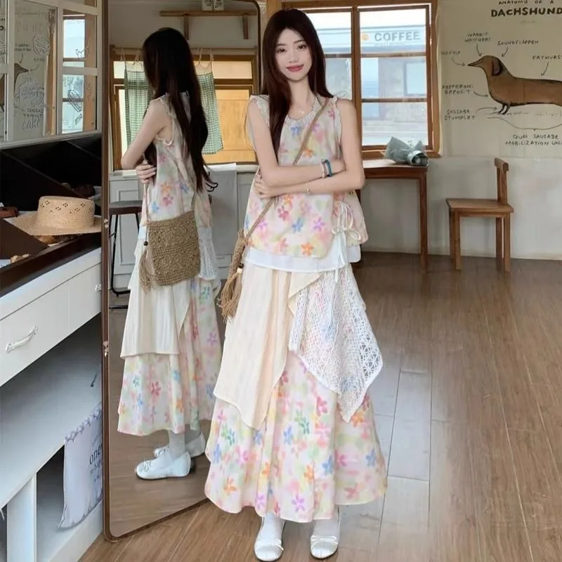 Boho Women Summer Sweet Pink Chiffon Floral Vest Shirts Skirts 1 or 2 Piece Set Lady Graceful Tank Tops Asymmetrical Skirt Suits 
Boho Women Summer Sweet Pink Chiffon Floral Vest Shirts Skirts 1 or 2 Piece Set Lady Graceful Tank Tops Asymmetrical Skirt Suits