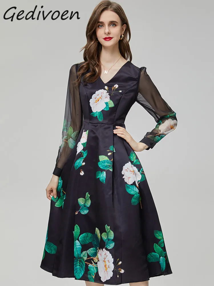 Gedivoen Autumn Fashion Designer Vintage Floral Print Dress Women's V Neck Long Sleeve Holiday Party High Waist Slim Long Dress
Gedivoen Autumn Fashion Designer Vintage Floral Print Dress Women's V Neck Long Sleeve Holiday Party High Waist Slim Long Dress