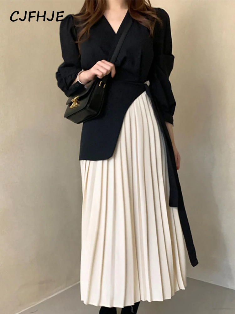 CJFHJE Fashion Contrast Color Fake Two Pec Dress Women's Autumn New French V-neck Loose Long Sleeve Pleated Mid-calf Dresses
CJFHJE Fashion Contrast Color Fake Two Pec Dress Women's Autumn New French V-neck Loose Long Sleeve Pleated Mid-calf Dresses