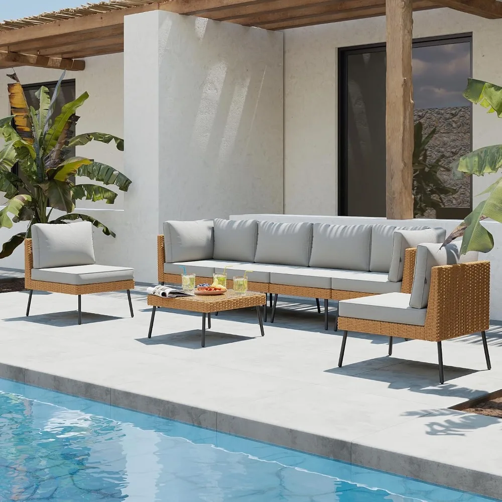 USA Stock 7 Piece Outdoor Sectional Sofa Set with Thick Cushions and Coffee Table, Grey Wicker Patio Furniture for Garden
USA Stock 7 Piece Outdoor Sectional Sofa Set with Thick Cushions and Coffee Table, Grey Wicker Patio Furniture for Garden
