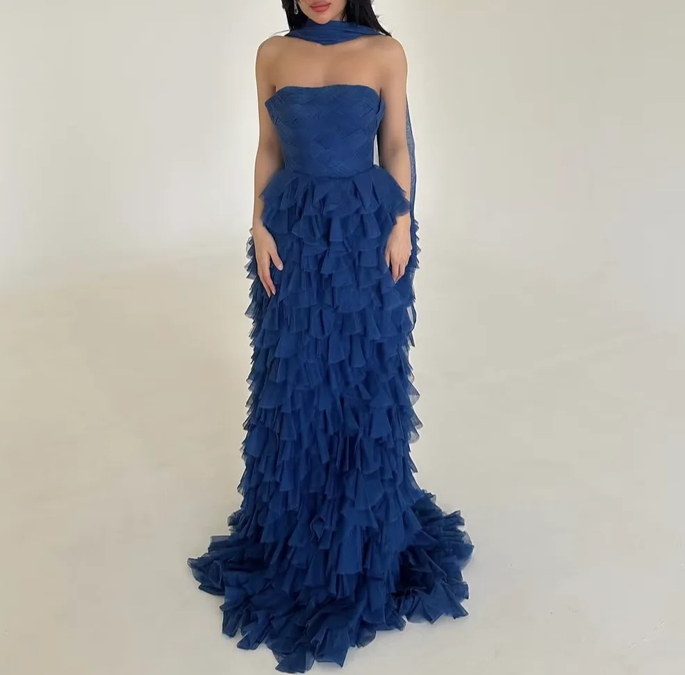 Saudi Arabia Evening Dresses Royal Blue Prom Dresses Strapless Layers Pleats Tulle with Wrap Side Zipper/Lace-up Back
Saudi Arabia Evening Dresses Royal Blue Prom Dresses Strapless Layers Pleats Tulle with Wrap Side Zipper/Lace-up Back
