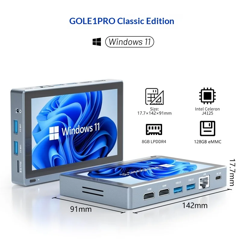 GOLE1 Pro 5.5" Touch Mini PC, Intel J4125, 8GB 128GB, Win11, Dual 4K HDMI, WiFi5 BT5.2, Gigabit LAN, Pocket Size
GOLE1 Pro 5.5" Touch Mini PC, Intel J4125, 8GB 128GB, Win11, Dual 4K HDMI, WiFi5 BT5.2, Gigabit LAN, Pocket Size
