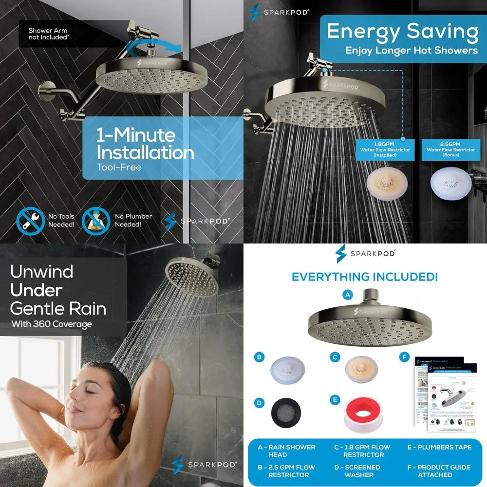 Luxury High-Pressure Shower Head, Quick Install, Easy Clean, Adjustable, 8 Brushed Nickel
Luxury High-Pressure Shower Head, Quick Install, Easy Clean, Adjustable, 8 Brushed Nickel