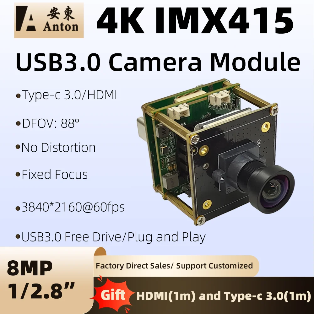 8MP IMX415 USB3.0 Camera Module FOV 88° Type-c HDMI Dual Output No Distortion FF MJPG H.264 4K 60fps UVC Video Industrial Webcam
8MP IMX415 USB3.0 Camera Module FOV 88° Type-c HDMI Dual Output No Distortion FF MJPG H.264 4K 60fps UVC Video Industrial Webcam