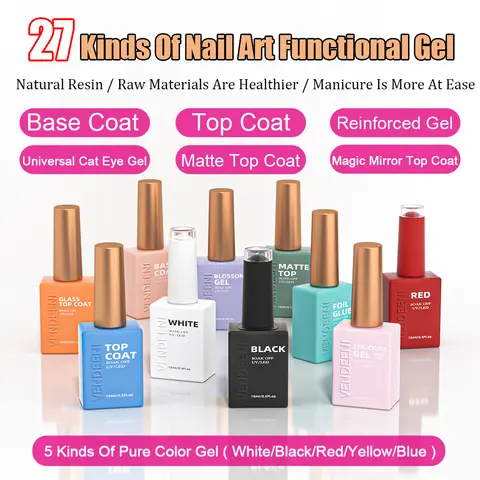Vendeeni 27 Kinds 15ml Base Top Coat Function Gel Nail Polish Pure Color Black White Red Cat Eye Nail Gel Function Varnish