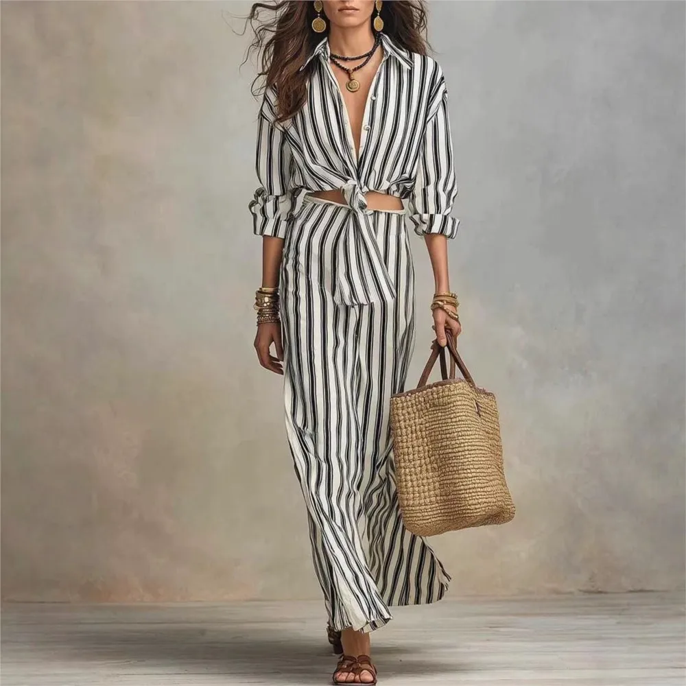 Fashion Striped 2 Piece Set Long Sleeve Button Down Shirt Top Tie Waist Wide Leg Pants Casual Women's Summer Elegant Skirt Suit
Fashion Striped 2 Piece Set Long Sleeve Button Down Shirt Top Tie Waist Wide Leg Pants Casual Women's Summer Elegant Skirt Suit