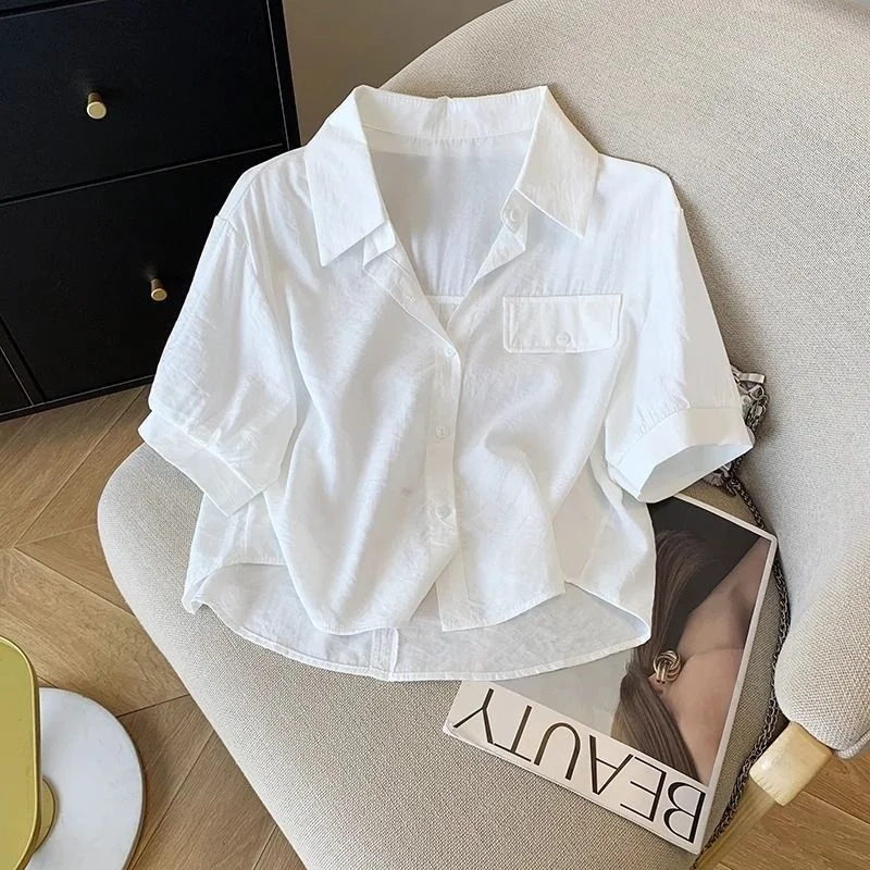 White Collar Short Sleeve Shirt Women Summer Top Breathable Miniature Outerwear Cardigan Polyester Fiber Regular Fit
White Collar Short Sleeve Shirt Women Summer Top Breathable Miniature Outerwear Cardigan Polyester Fiber Regular Fit